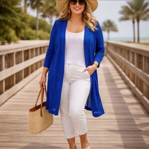 New Catherines Blue Pointelle Knit Long Open Duster Preppy  Cardigan  NWT Sz 3x